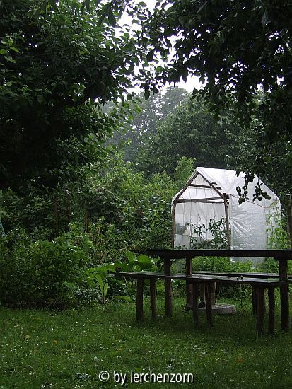 Bohnenhaus im Juni und unsere Sitzgruppe